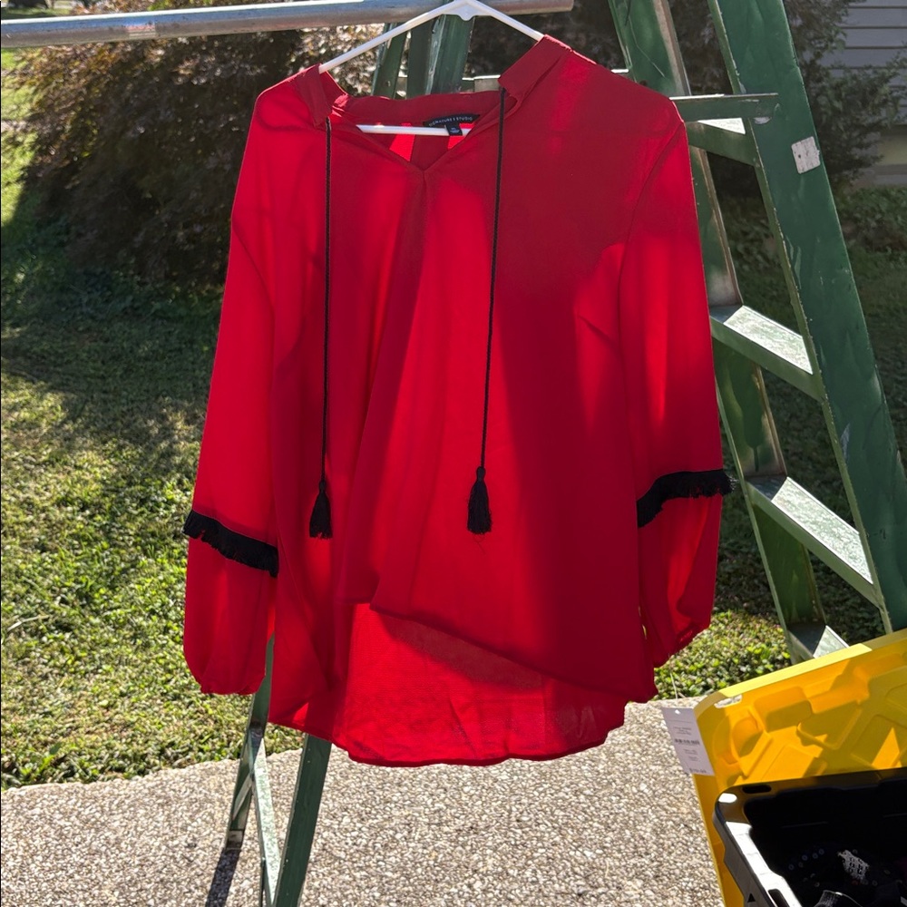 Red Hooded Blouse with Black Accents